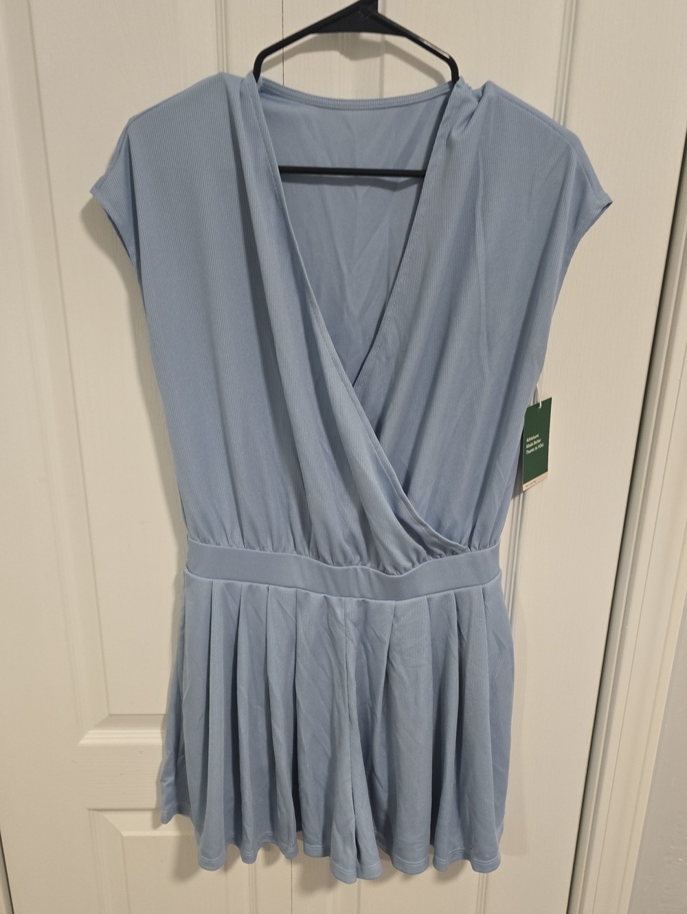 HALARA Light Blue Cap-Sleeve Faux-Wrap Pleated Romper